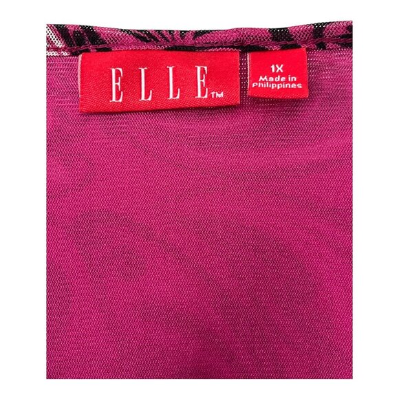 ELLE Women’s 1X Pink Black Swirl Print Top with Petal Neckline 3/4 Sleeve - Picture 2 of 6